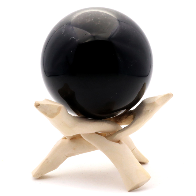 モリオン 黒水晶 丸玉 木製台座付き 直径 74mm 山東省産 天然石