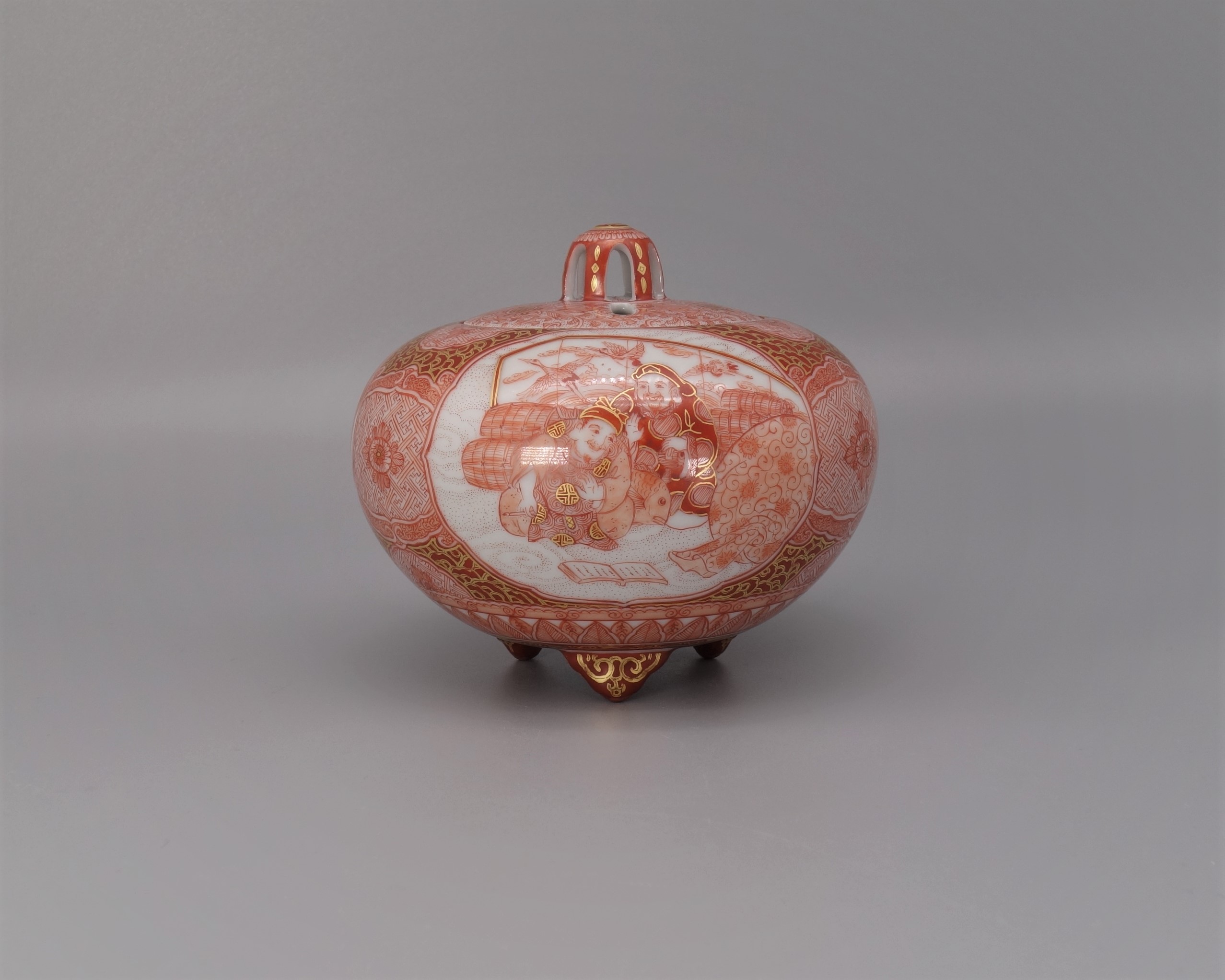 香炉（3.8号） 赤絵恵比寿大黒文 [ 福島武山 ]