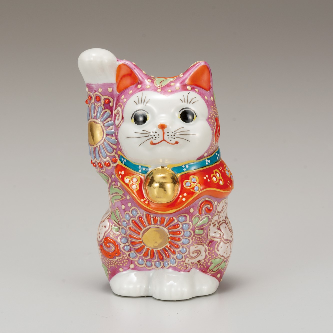 九谷焼 4号招猫 ピンク盛（右手上げ）
