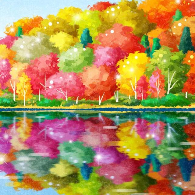 絵画 湖 水辺 風水 インテリア 「虹色紅葉」 紅葉 秋 玄関 リビング