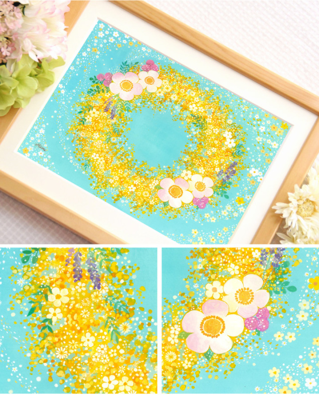 絵画 花 ミモザのリース 「つなぐ、つむぐ」 癒し 黄色 幸せ 結婚式