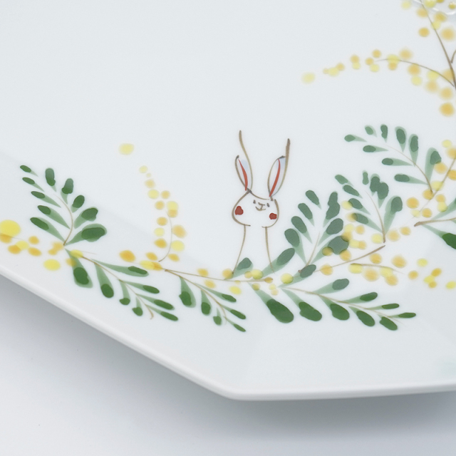 ミモザとうさぎ／八角長皿(大)｜空萌工房(そらもえこうぼう)｜田口紀美子