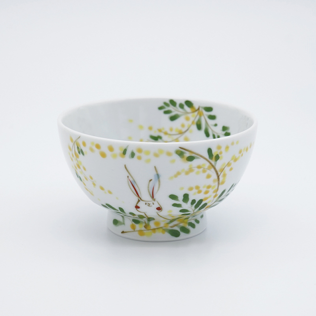 ミモザとうさぎ／飯碗｜空萌工房(そらもえこうぼう)｜田口紀美子