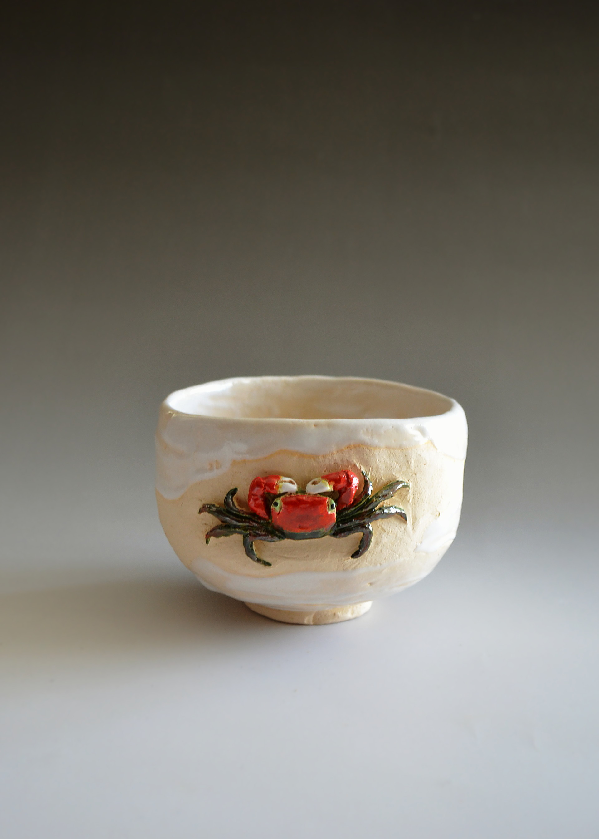 カニ彫白楽茶碗 水月焼 好川恒方作Antique Sam's Collection 茶道具