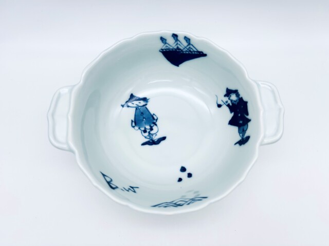 異人づくし新耳付スープ碗 しん窯青花