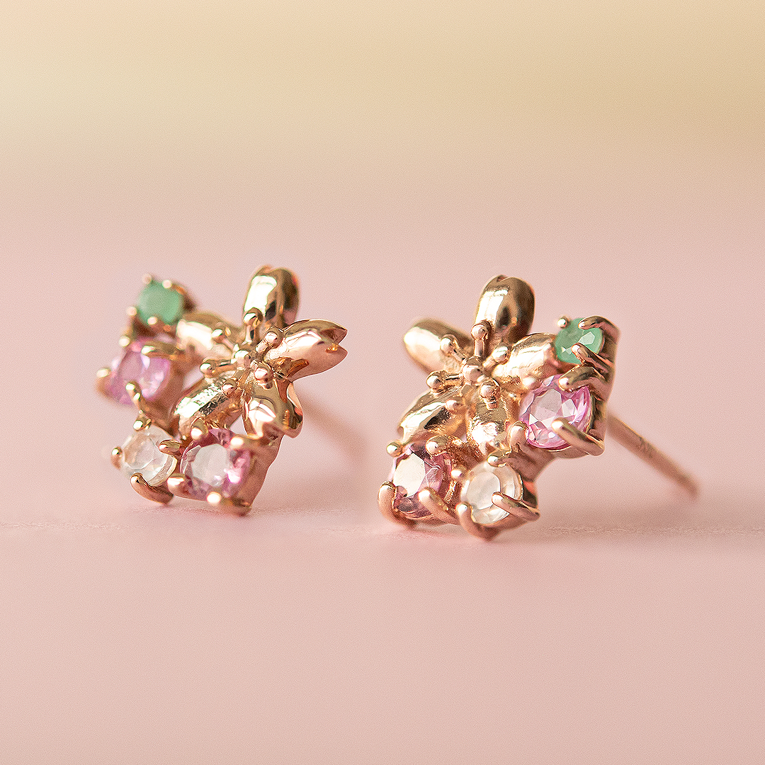 ピアス K10ピンクゴールド エメラルド ピンクサファイア ローズ