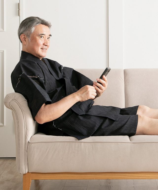 近江ちぢみ絣織甚平（かすりおりじんべい） No.2 黒 (M-LL