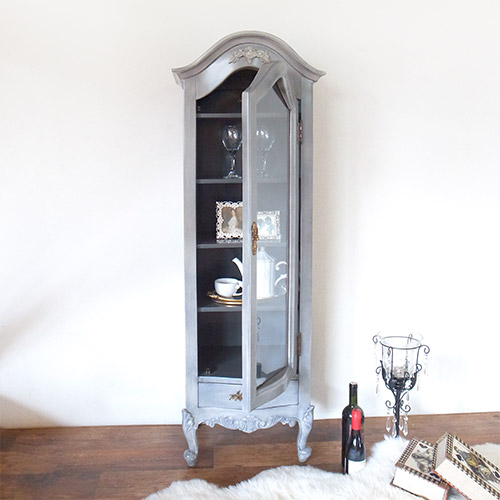 スリムショーケースキャビネット(シャビーグレー)｜高級マホガニー家具
