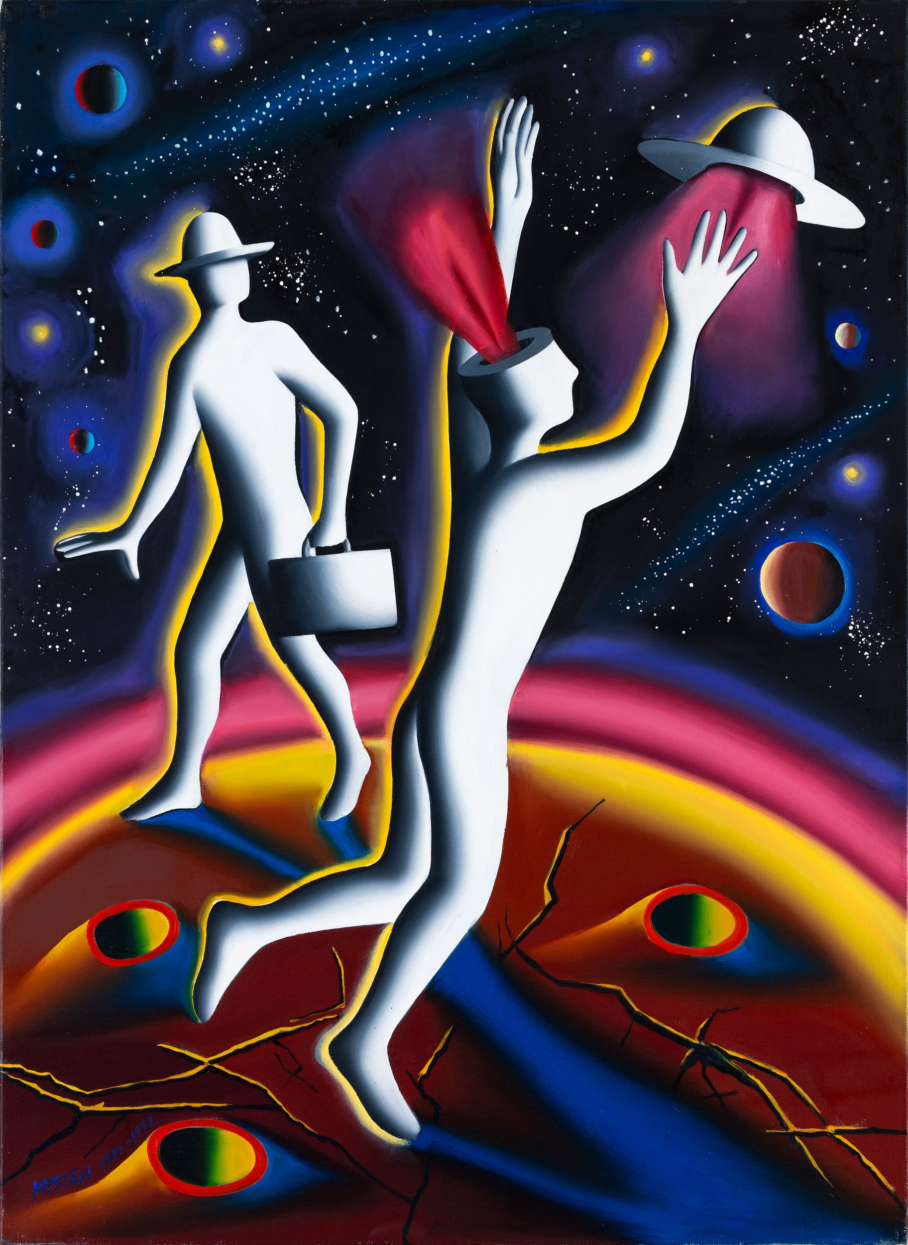 Mark Kostabi : The flight of memory (1990) - olio su tela - Asta