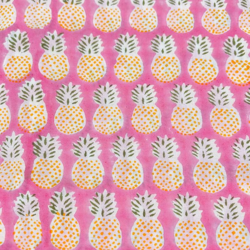 50cm単位】ピンクイエローパイナップル インド ハンドブロックプリント
