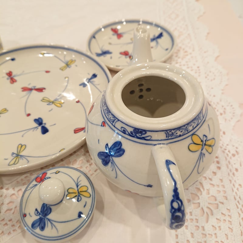 ベトナム バッチャン焼き 茶器セット 幸せを運ぶとんぼ絵 青 | Ethnic