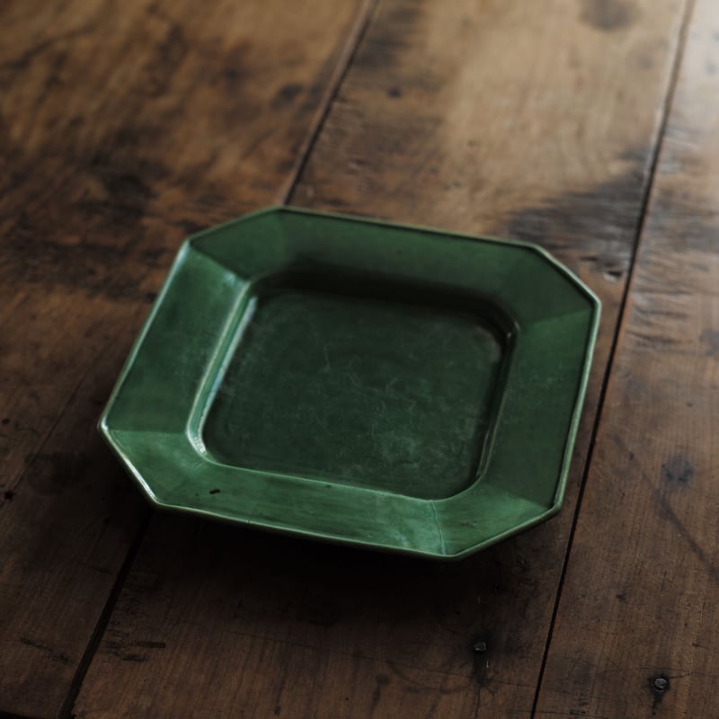 19世紀 珉平焼 無地緑釉隅切角皿 / 江戸幕末 | tsuchika