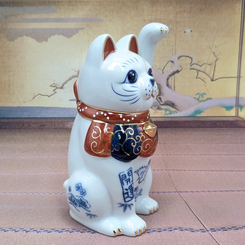 招き猫 縁起物 染錦開運招福招き猫 手長右手上げ 手長左手上げ 2体