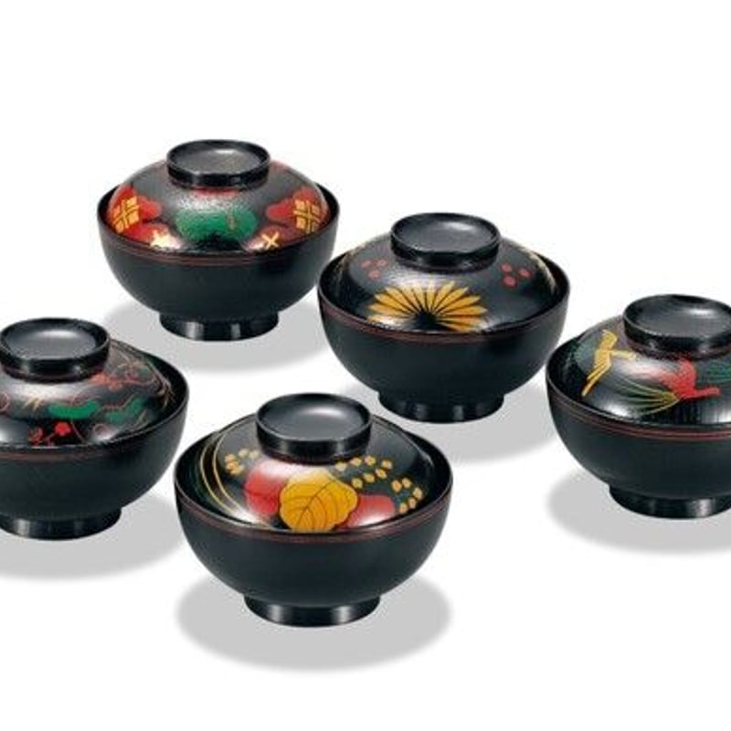 欅4.5煮物椀 長寛5種絵 5客売 SR-0059 上質な欅を使用した高級割烹漆器