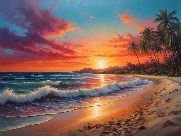 A vibrant sunset casts warm hues across a tranquil, palm-lined