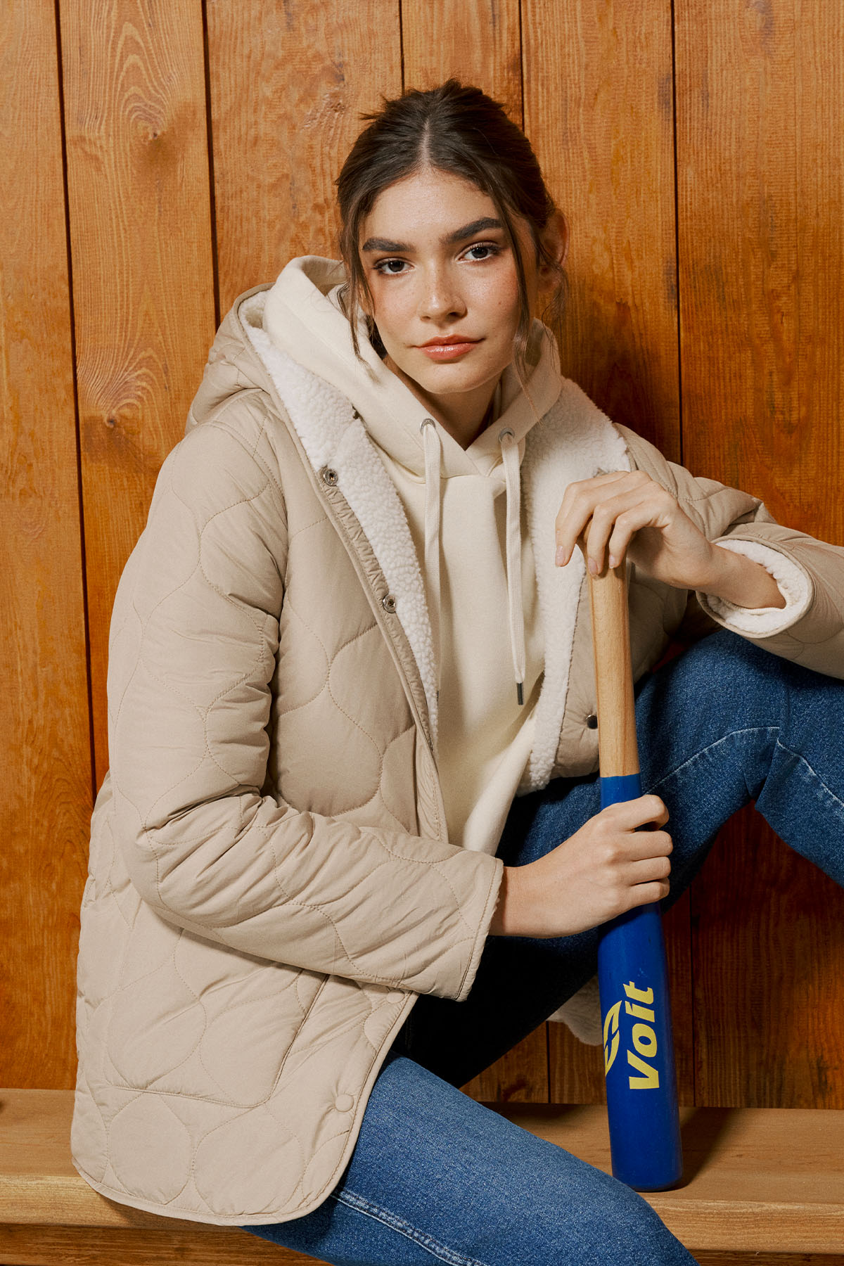 Loose Fit Rahat Kesim Kapüşonlu Çift Taraflı Sherpa Bej Mont