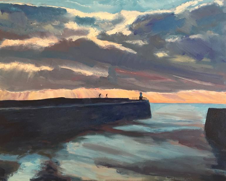 Two people walking on Pittenweem Harbour Walls' Painting by