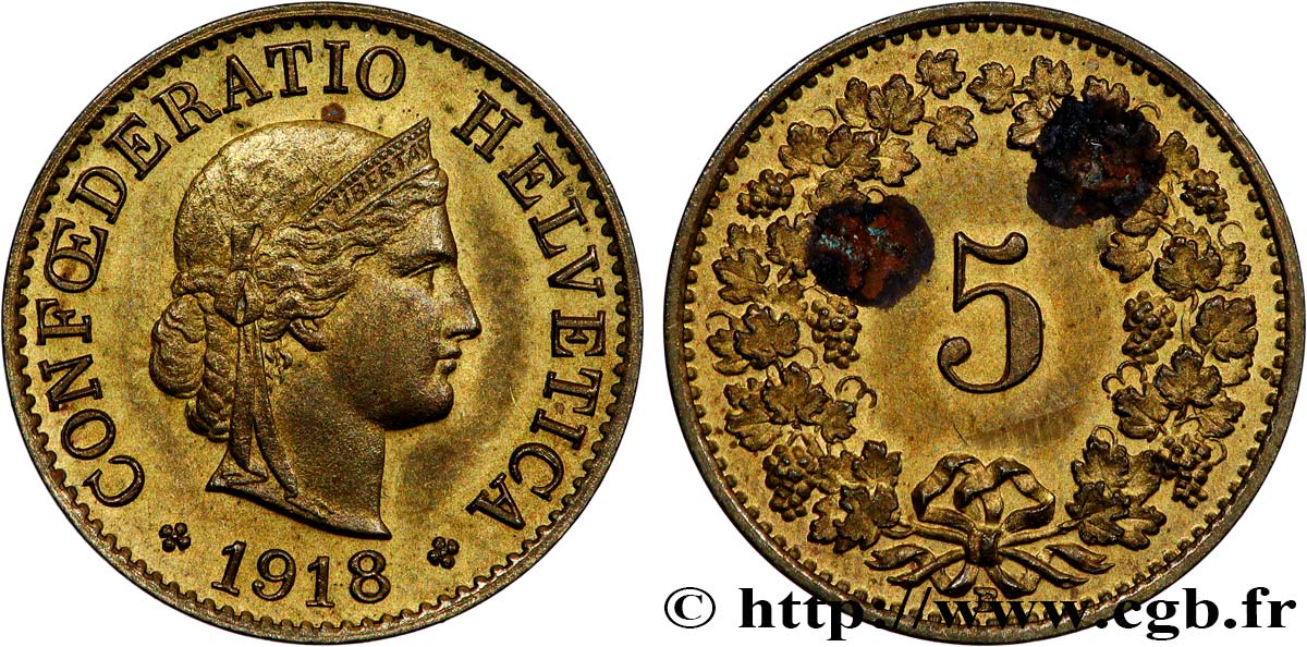 SWITZERLAND 5 Centimes (Rappen) Tête de Libertas 1918 Berne