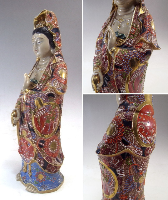 九谷焼 観音像 彩釉と金彩が調和する、気品ある観音立像。 高さ61