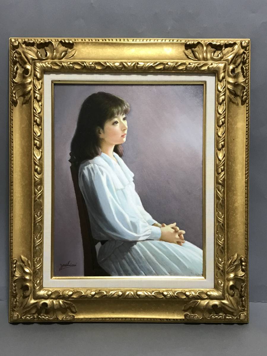 鶴村義美『白いブラウス』油彩画丸額希少