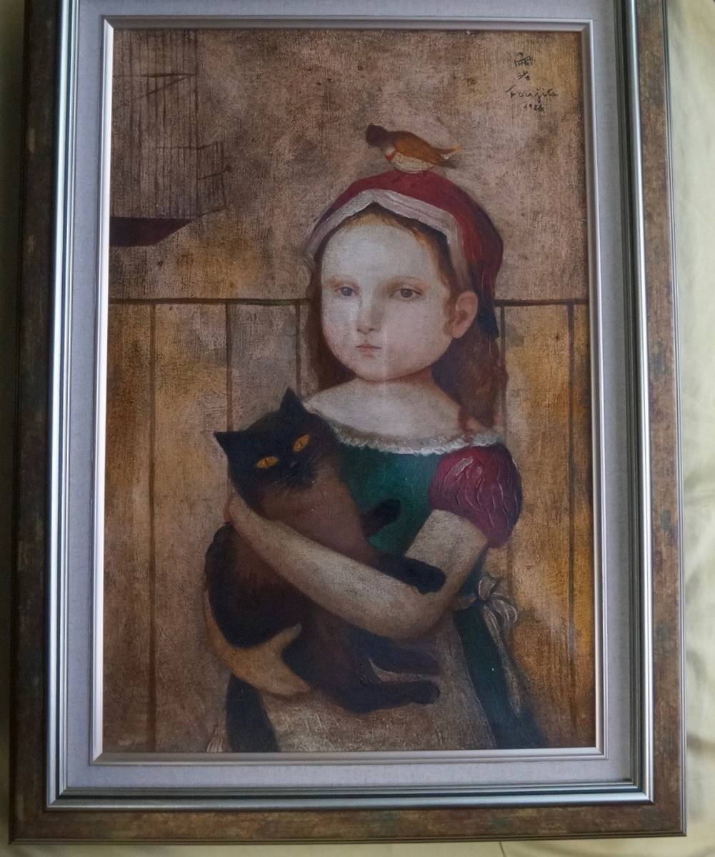 F6号) 藤田嗣治【猫を抱く少女】肉筆/油彩/表裏サイン有/シール有
