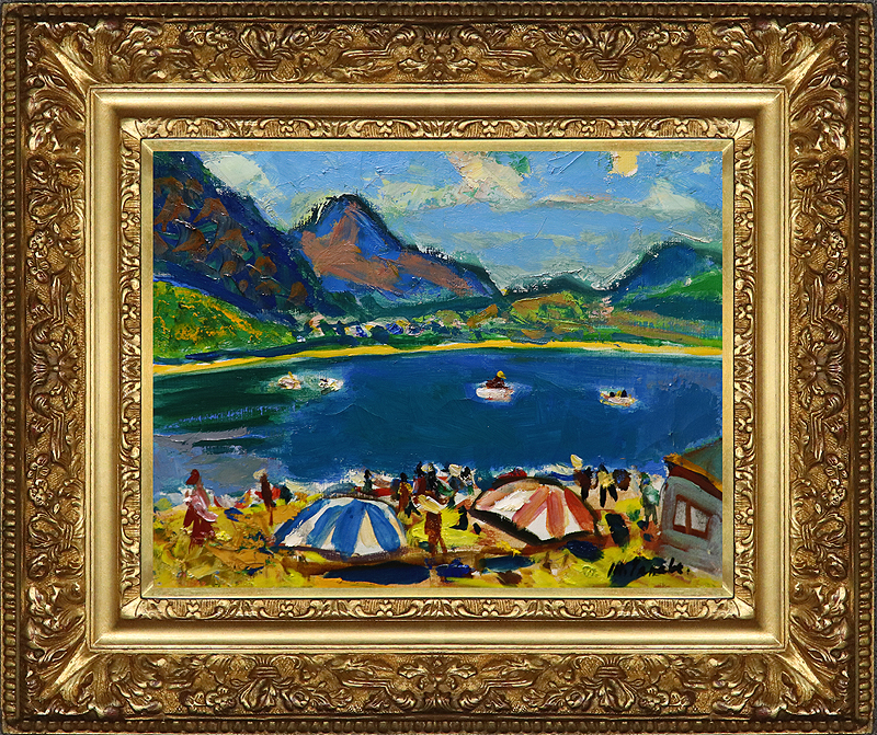 田辺 三重松、中禅寺湖、限定・豪華大判画版画、 新品高級額付 田辺