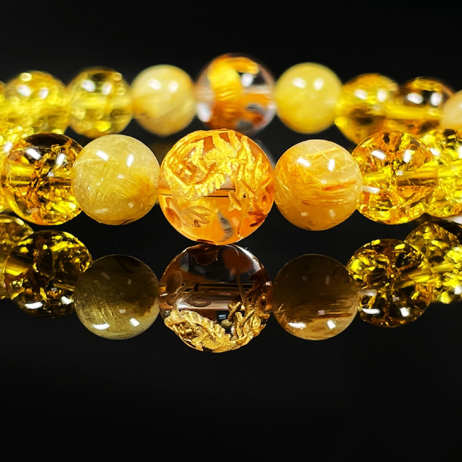 最強金運数珠］10ミリ 8ミリ 金彫四神獣 本水晶 シトリン 黄水晶