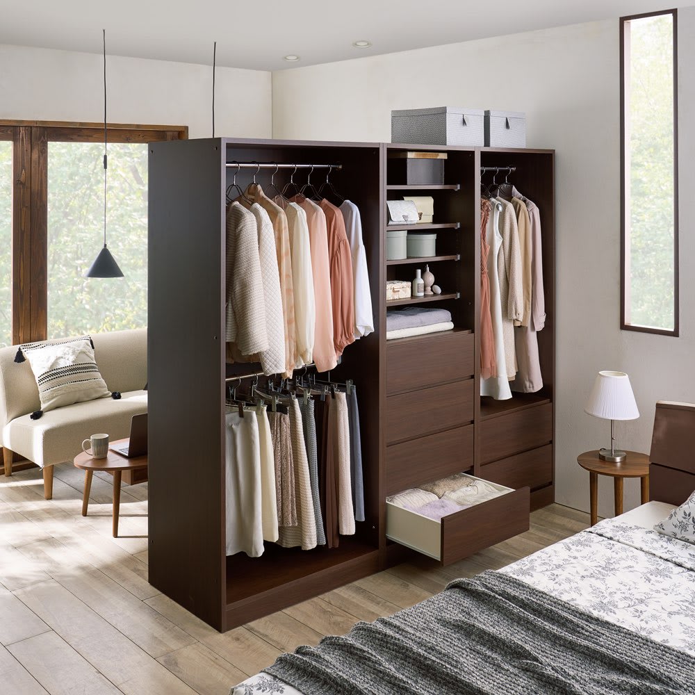 奥行スリムで省スペース オープン間仕切りワードローブ ハンガー2段 幅