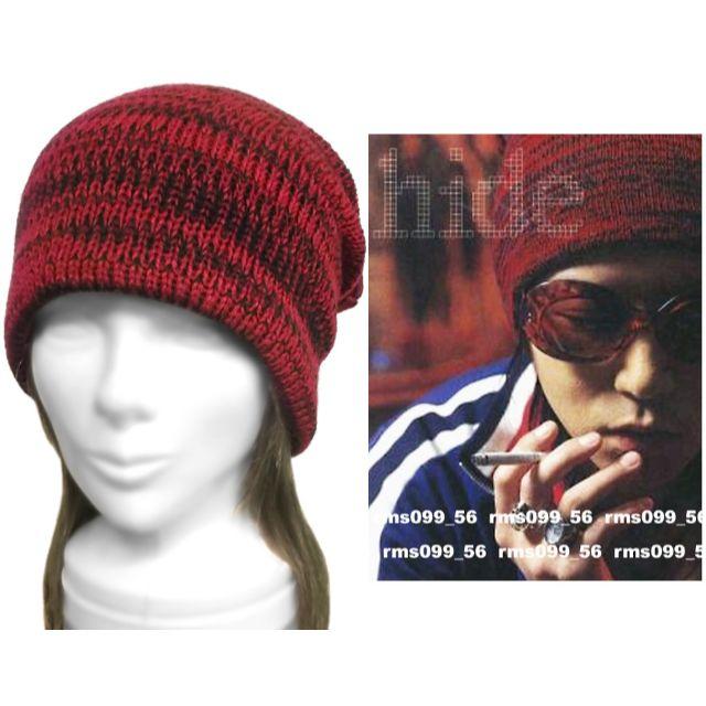 ハンドメイド◇X JAPAN◇hide着用風ニットキャップ／レッド×ブラックの