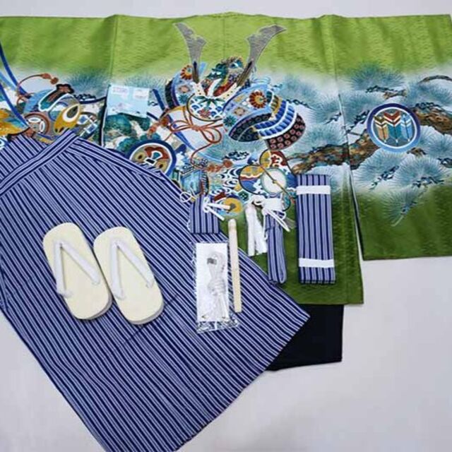 七五三 五歳 男児 羽織袴フルセット 緑地 兜 縞袴 袴変更可能 NO37390