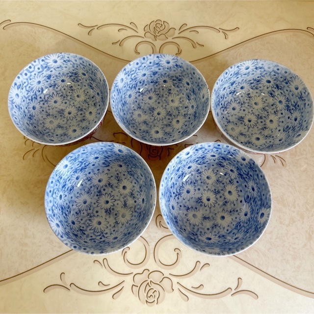 有田焼 喜峰窯 赤絵花鳥 丼ぶり揃 5客セット どんぶり 染付 中鉢 古