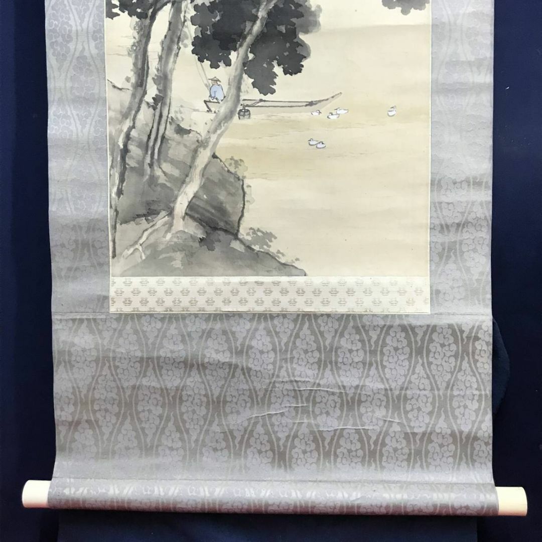 真作】藤井松山/湖水漁夫山水図/山水図/釣人図/掛軸☆宝船☆AD-84の