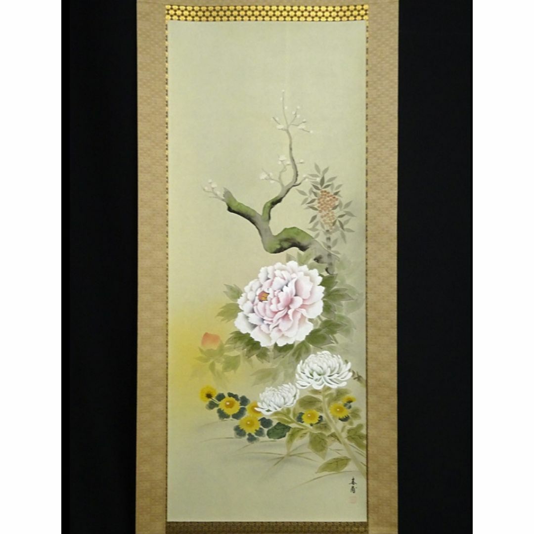 真作】掛軸 植田春甫『四季花図』絹本 肉筆 共箱付 掛け軸 a041713の