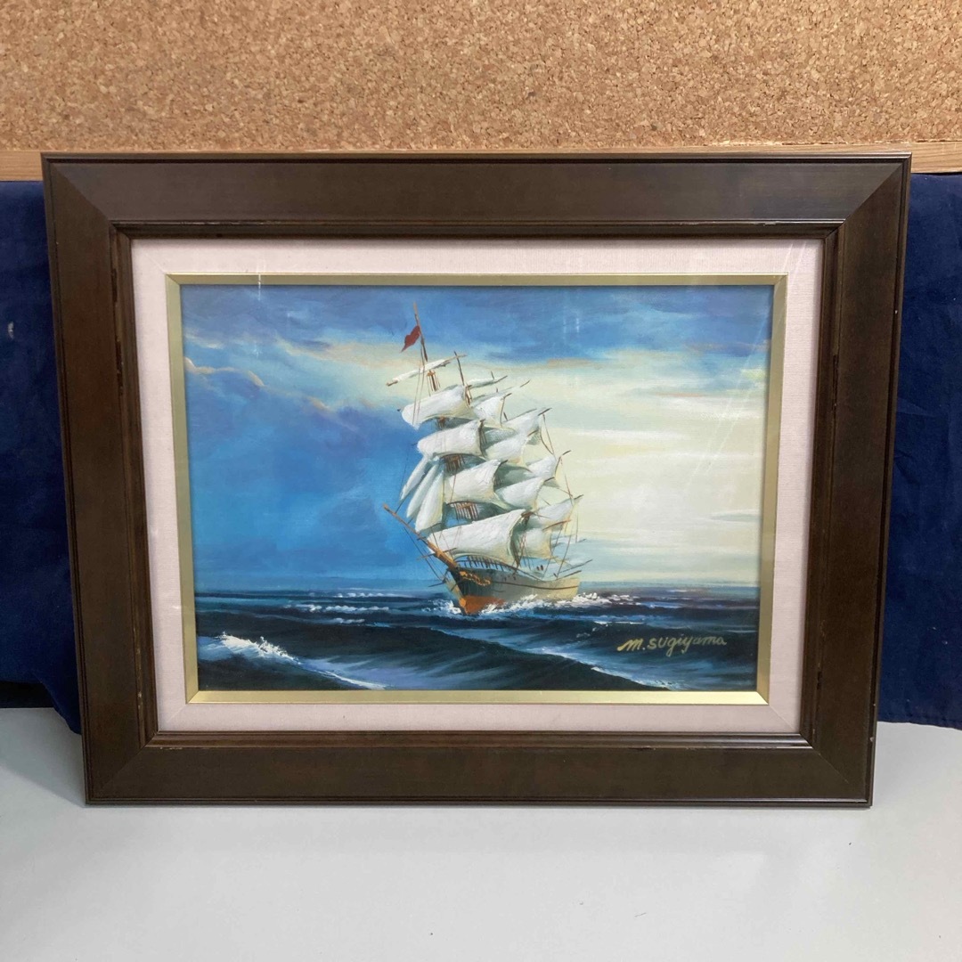 No4800 額装 油彩画 朝日 帆船 直筆サイン 箱付 絵画 美術 送料無料