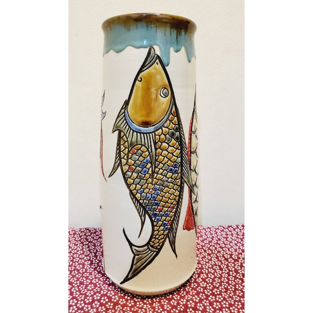 ⑥宮城三成 魚紋 大筒壺 鮮やか 人間国宝孫 やちむん 沖縄