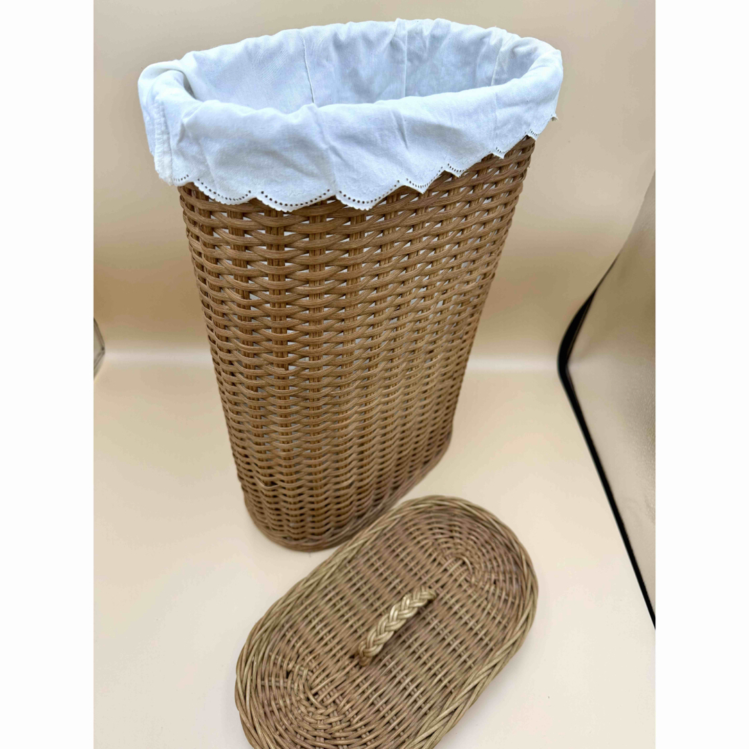 NY購入 ヴィンテージ ラタン バスケット 蓋付 内布 ランドリー 籠