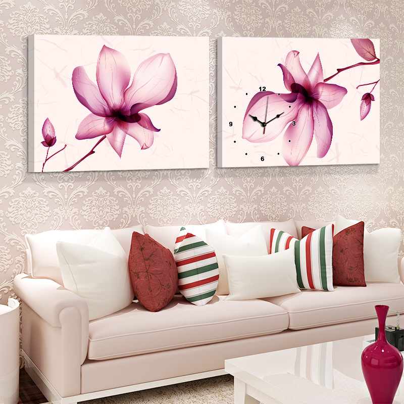 壁掛け時計 壁絵画時計 アート時計 静音 オシャレ 2枚パネル 芸術蓮花