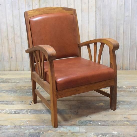 アンティークチーク＆レザー 1人掛けソファ - アンティーク家具