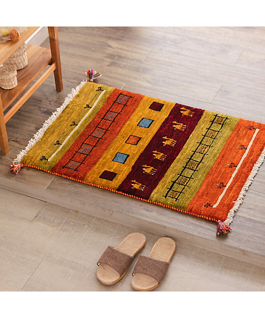 ☆ペルシャ絨毯 手織りリーズバフトギャッベ 玄関マットMサイズ【2