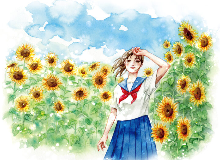 水彩で描いた、ひまわり畑で空を仰ぐ女子学生のイラスト