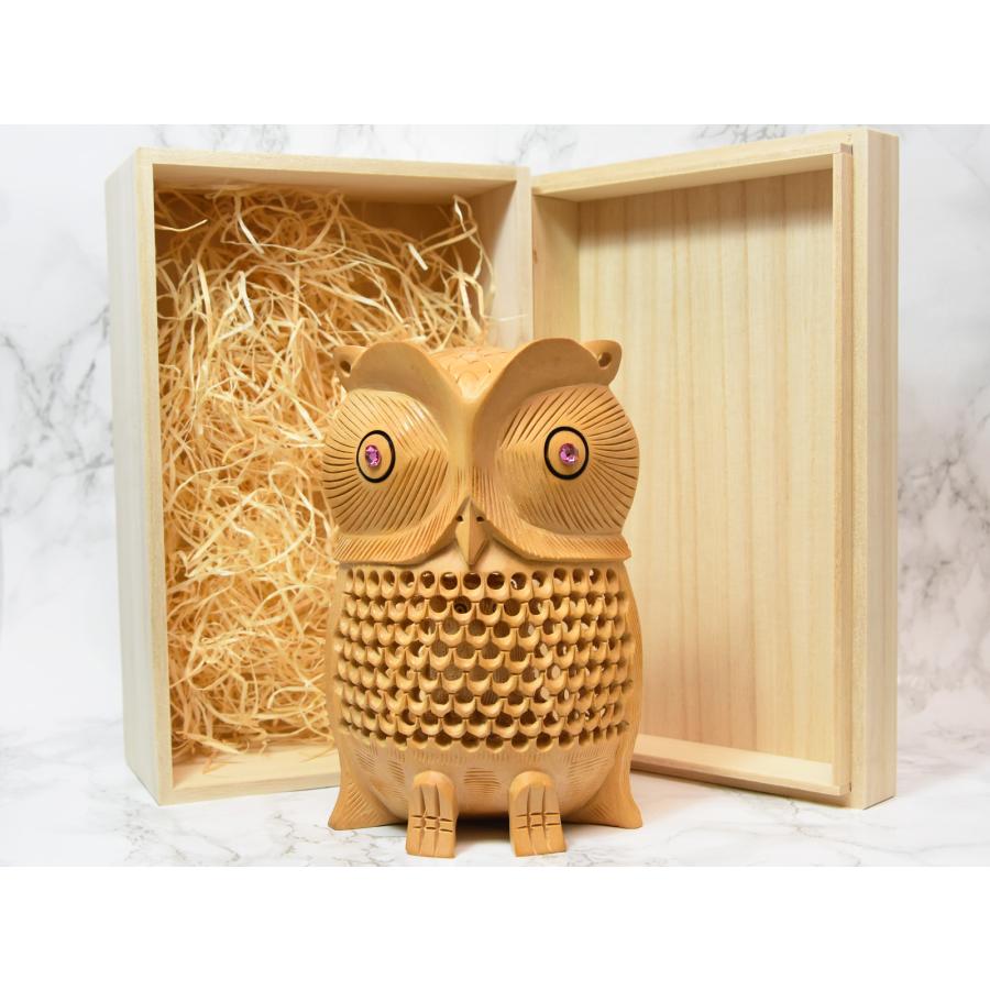 フクロウ 置物 木彫り ふくろう 縁起物 桐箱付き : コッキーYahoo!店
