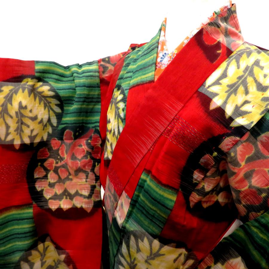 子供着物 銘仙 アンティーク 昔 女児用 赤 多色 縞 植物柄 レトロ 昔