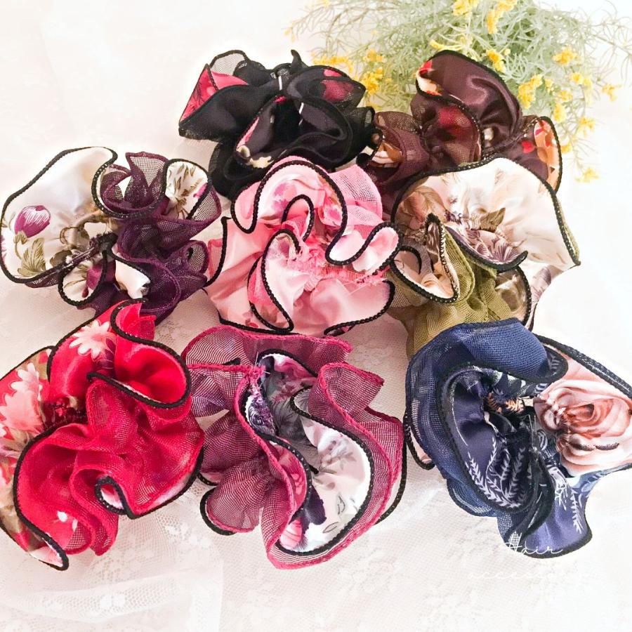 オーガンジー花柄シュシュ サテン ボリューム 薔薇 ローズ フラワー