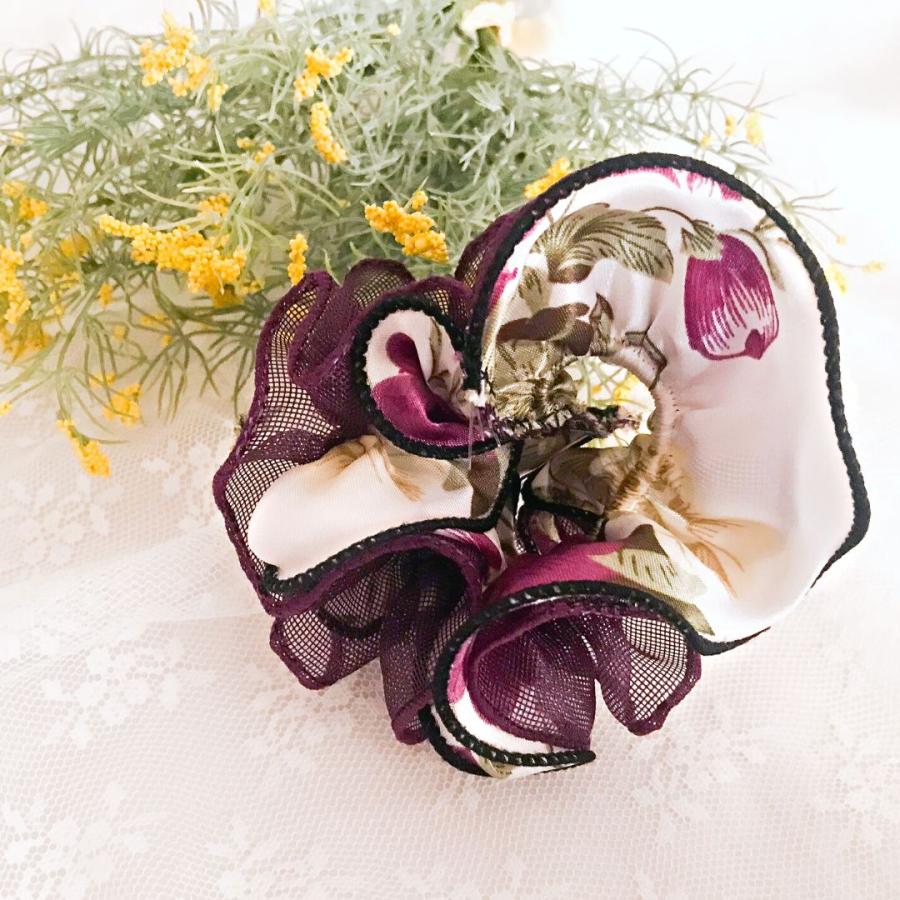 オーガンジー花柄シュシュ サテン ボリューム 薔薇 ローズ フラワー