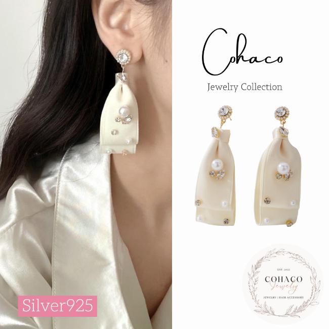 リボンピアス サテンリボン キラキラ グログランリボン シルバー925