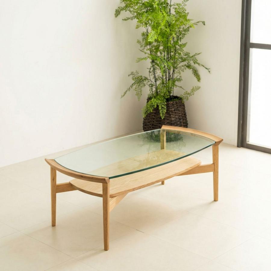 ガラス センターテーブル 幅110 棚付き 収納付き オーク 無垢材 ガラス
