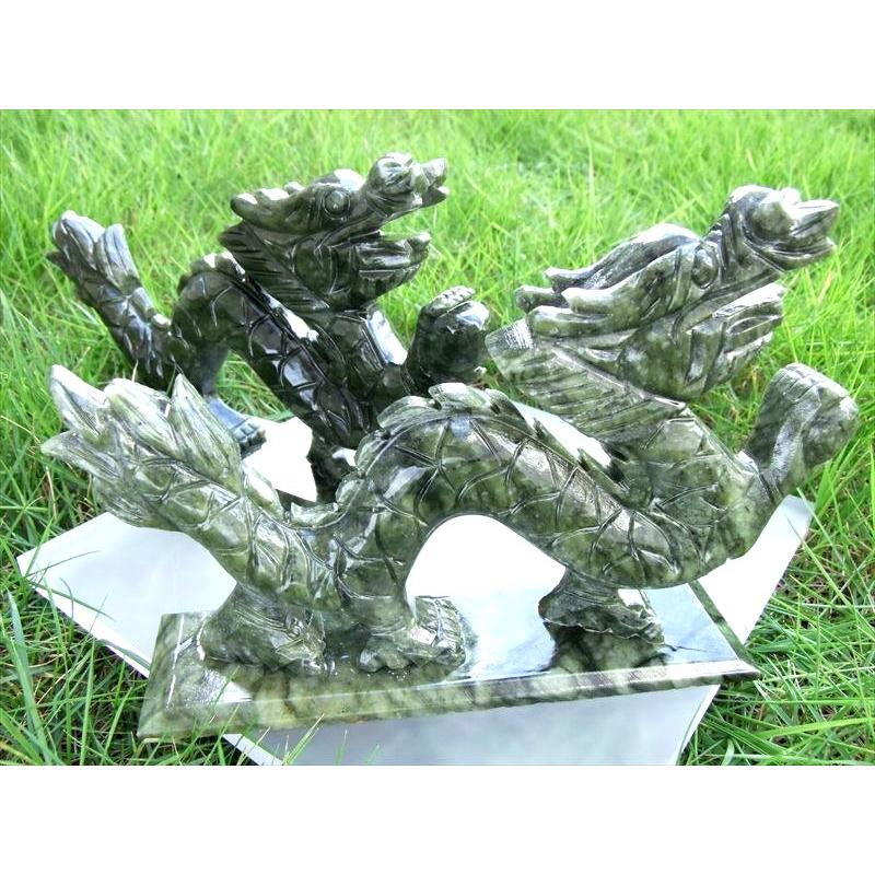 濃いグリーン 玉持ち龍神 サーペンティン(蛇紋石)龍彫刻置物 500-650g