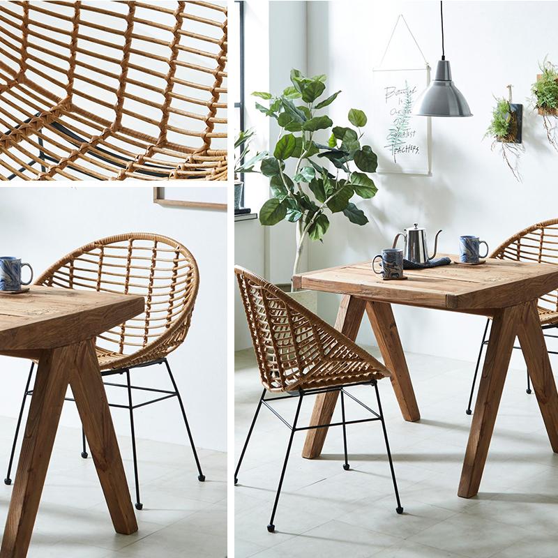 ダイニングテーブルセット 2人掛け ラタンチェア カフェテーブル 古材