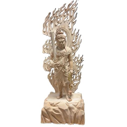 不動明王 仏像 立像 総高 120cm 楠材 白木仕上げ 木彫 彫刻 木材 白木