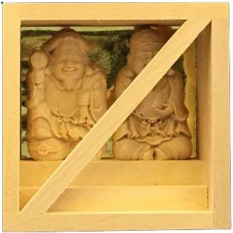 恵比寿様 大黒様 木彫 恵比寿様と大黒様 7.5cm角 白木 木像 枡形 置物